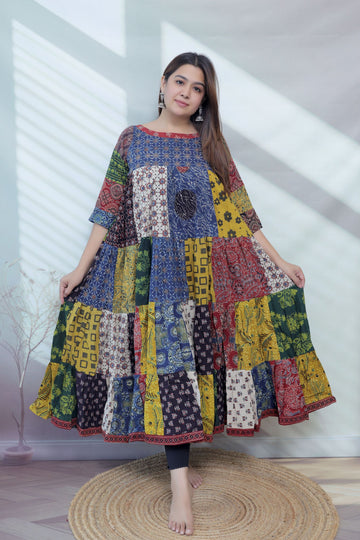 Manvi Multi Ajarakh Patchwork Cotton Kurti/One piece