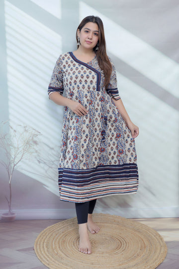 Riva Cream Angarakha Ajarakh Cotton Kurti