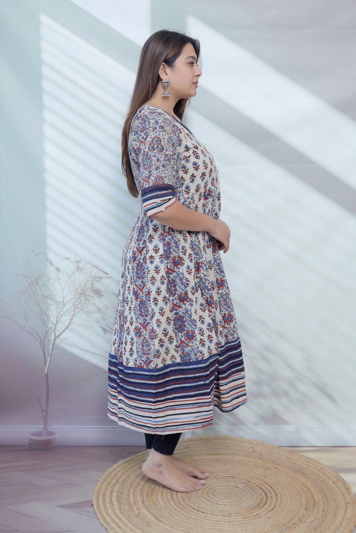 Riva Cream Angarakha Ajarakh Cotton Kurti