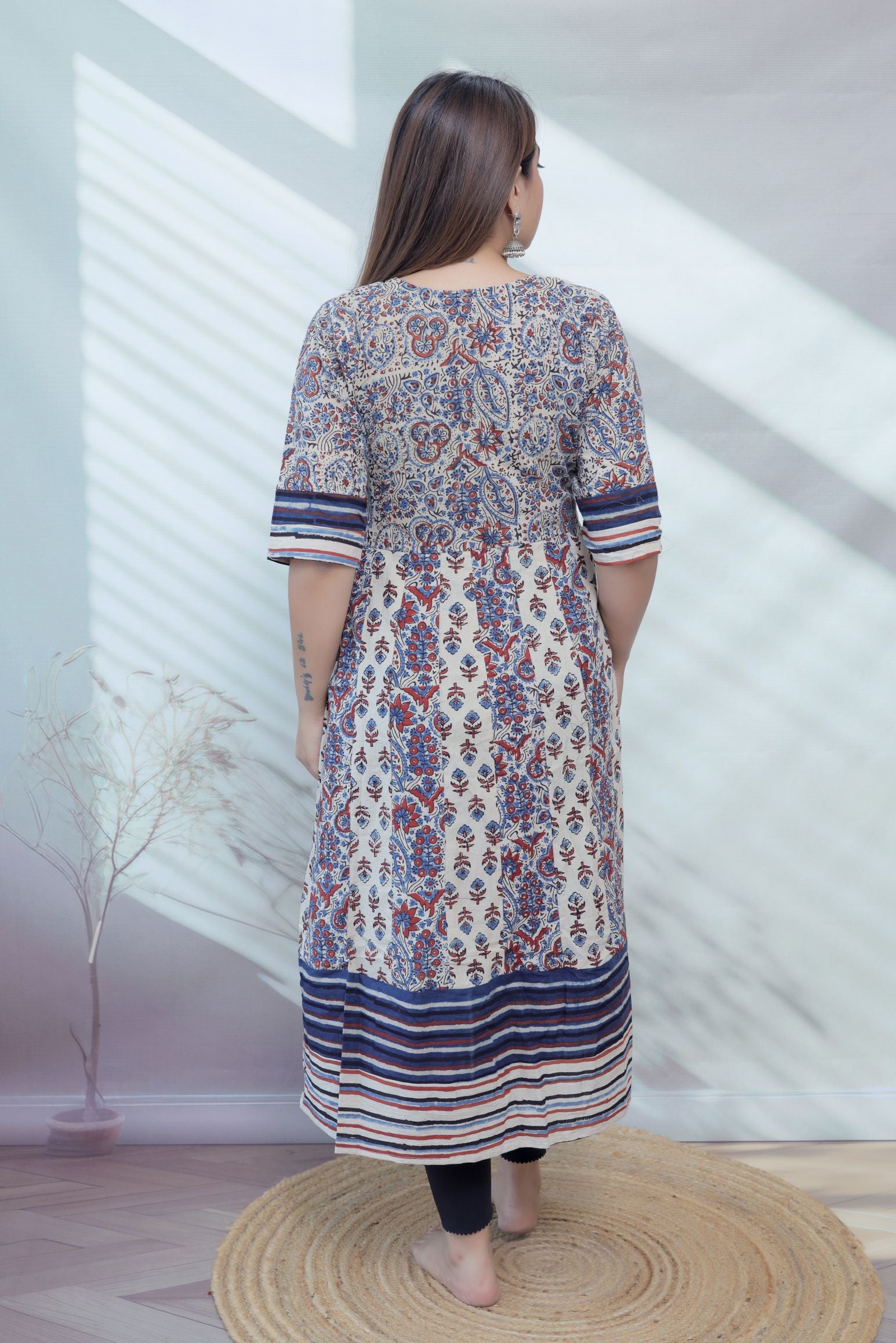 Riva Cream Angarakha Ajarakh Cotton Kurti