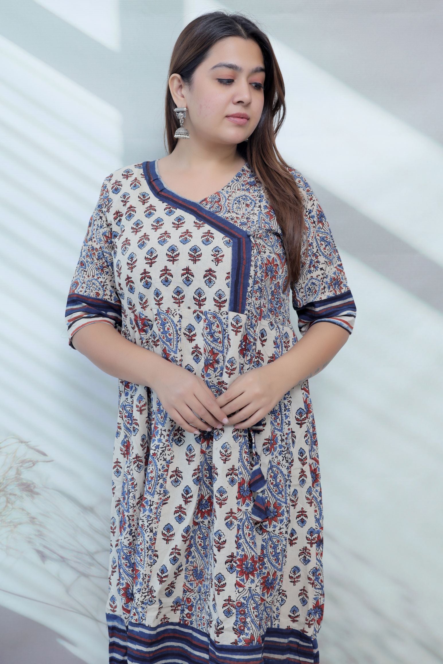 Riva Cream Angarakha Ajarakh Cotton Kurti