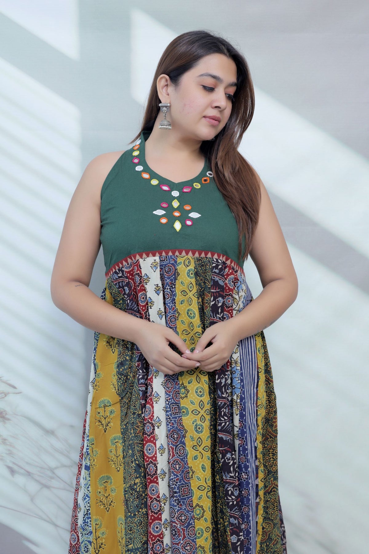 Misha Multi Ajarakh Mirror Cotton Kurti/One Piece