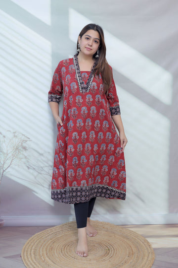 Ria Maroon Ajarakh Buta Natural Dye Cotton Kurti