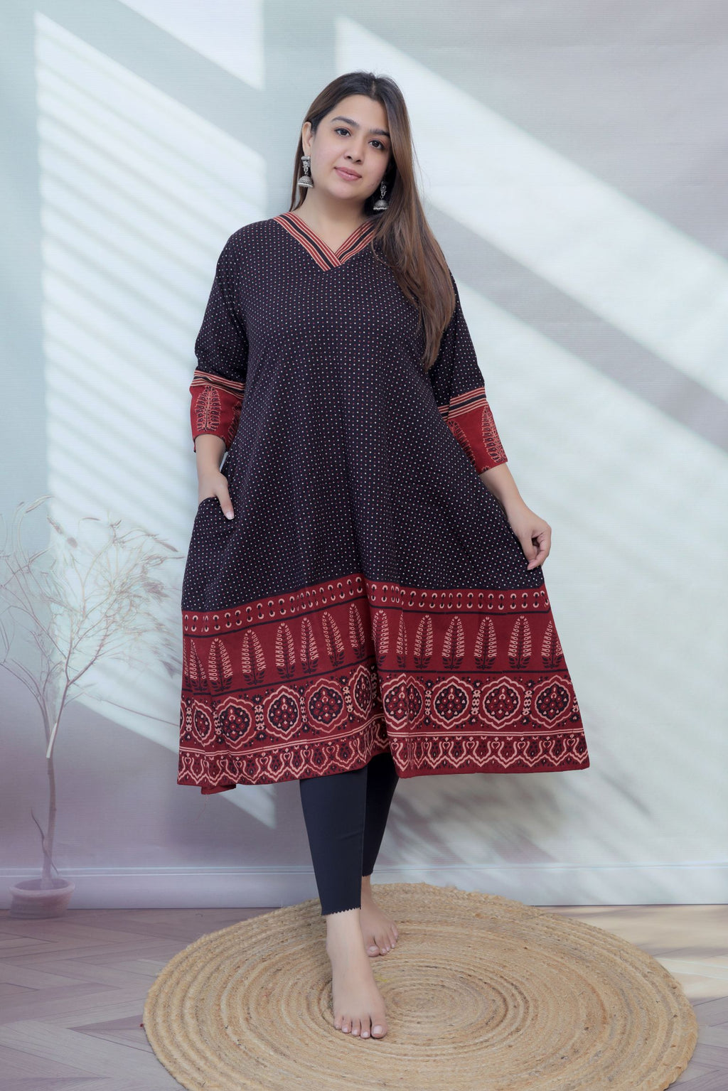 Vaani Black Cotton Blockprint V Neck A line Kurta