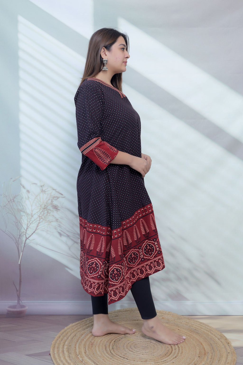 Vaani Black Cotton Blockprint V Neck A line Kurta