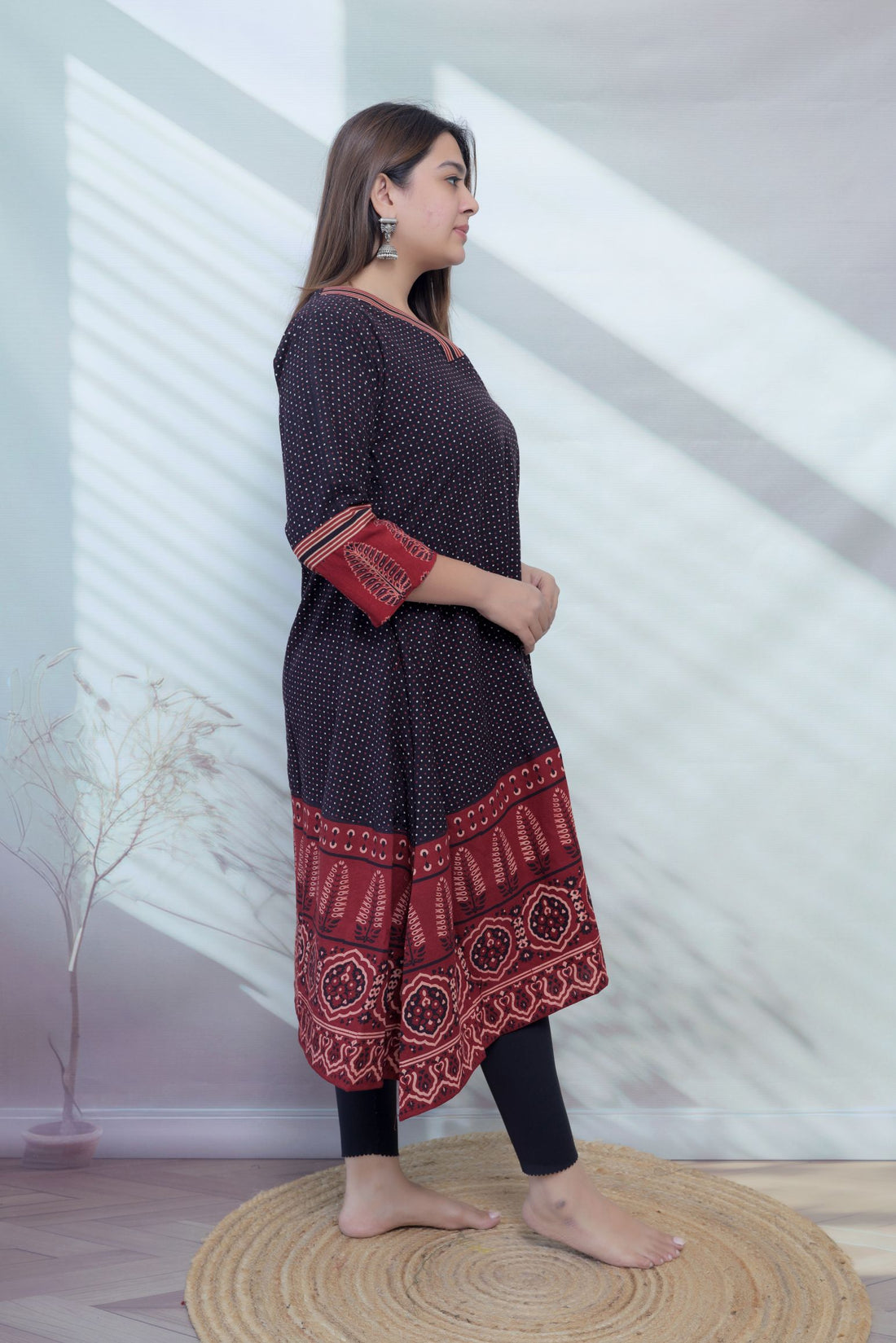 Vaani Black Cotton Blockprint V Neck A line Kurta
