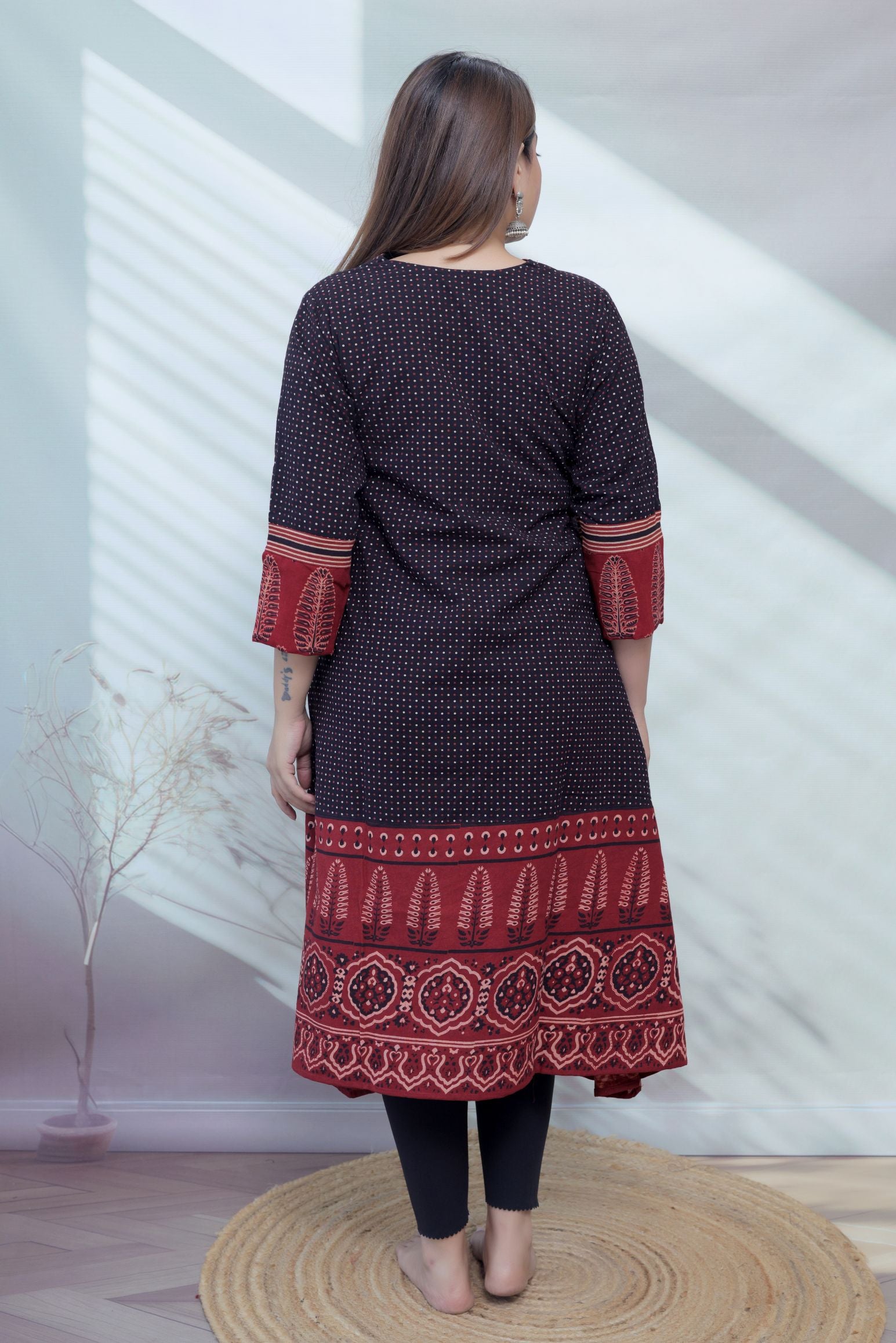 Vaani Black Cotton Blockprint V Neck A line Kurta