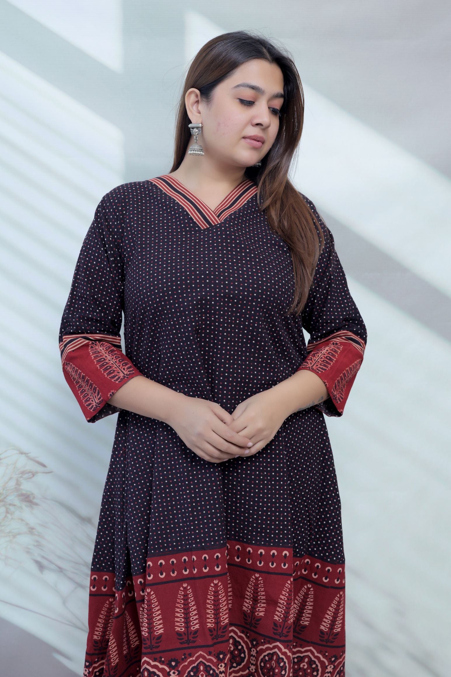 Vaani Black Cotton Blockprint V Neck A line Kurta