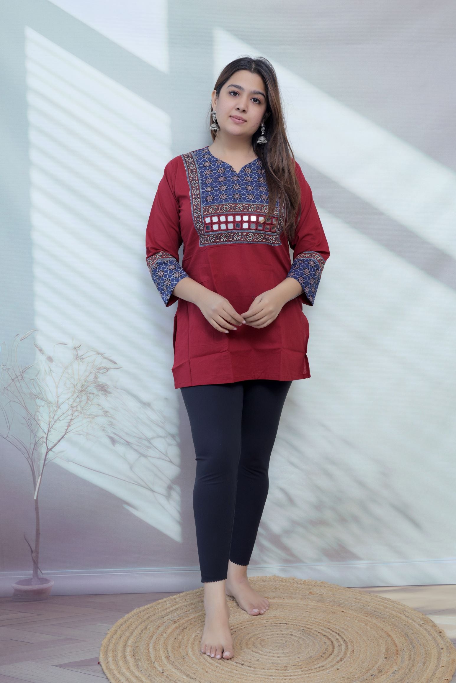 Roop Plain Ajarakh Yoke Mirror Short Top