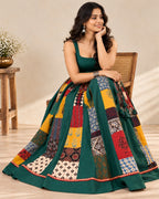 Ajarakh Green Multi Kali & Plain Skirt