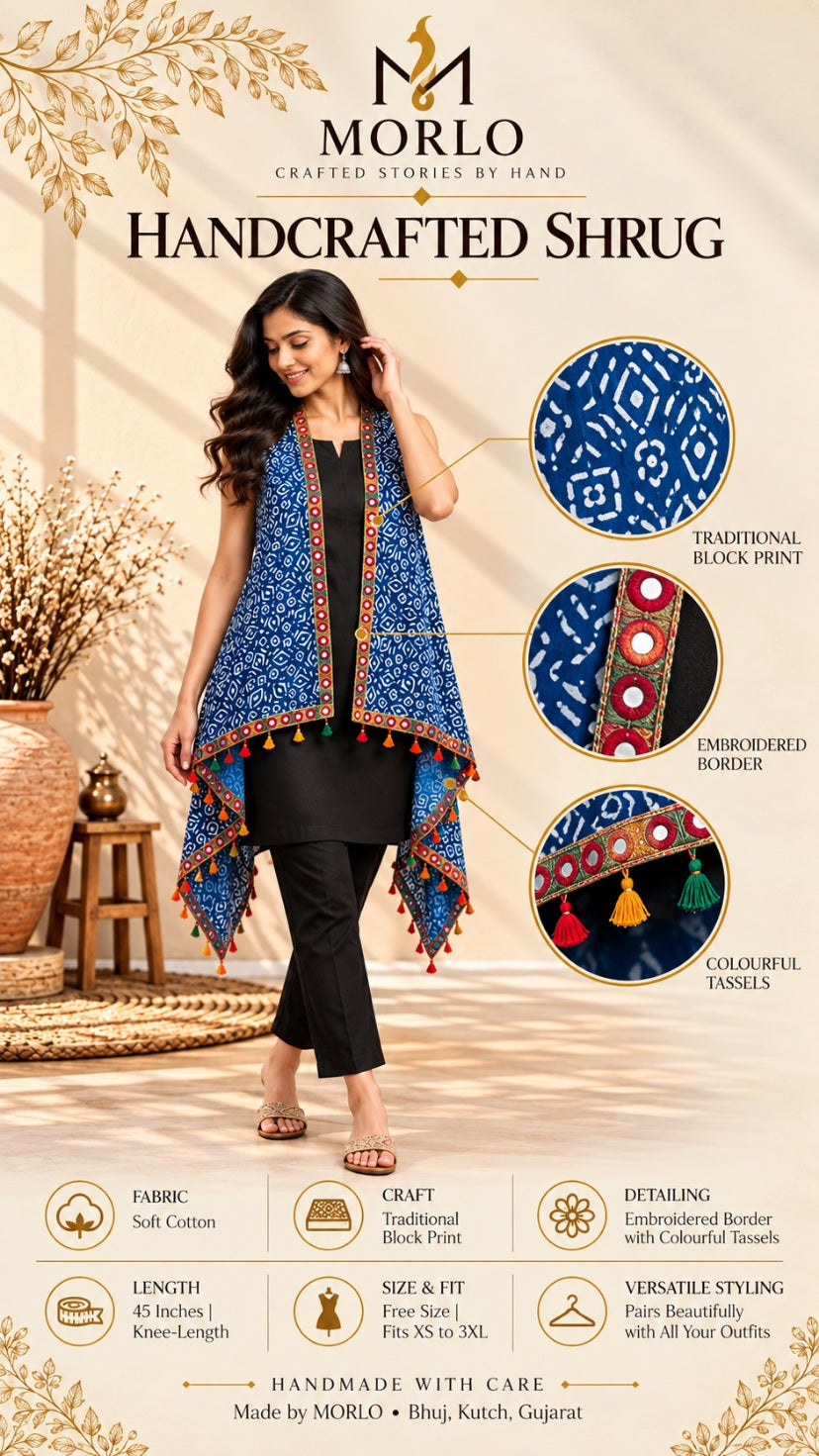 Indigo Blockprint Soft Cotton Tassel Shrug