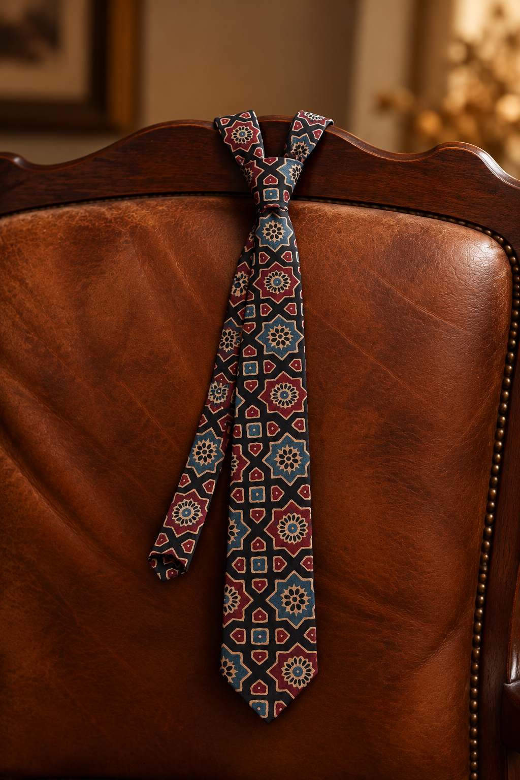 Black Ajarakh Tie & Pocket Square Set for Men