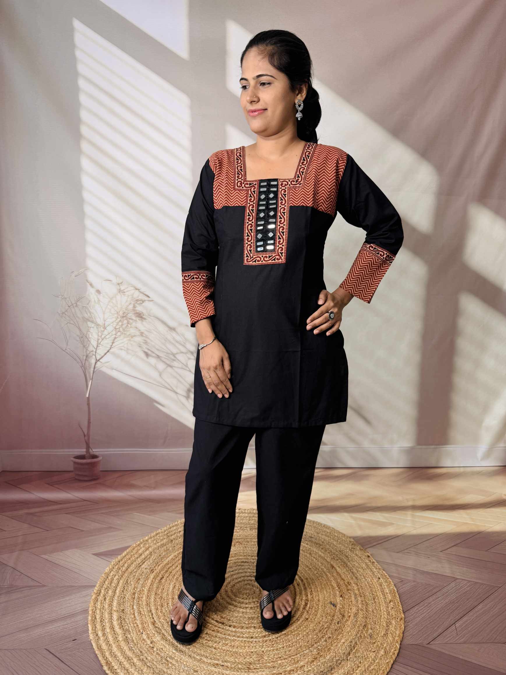 Bella Plain Ajarakh Yoke Mirror Short Top